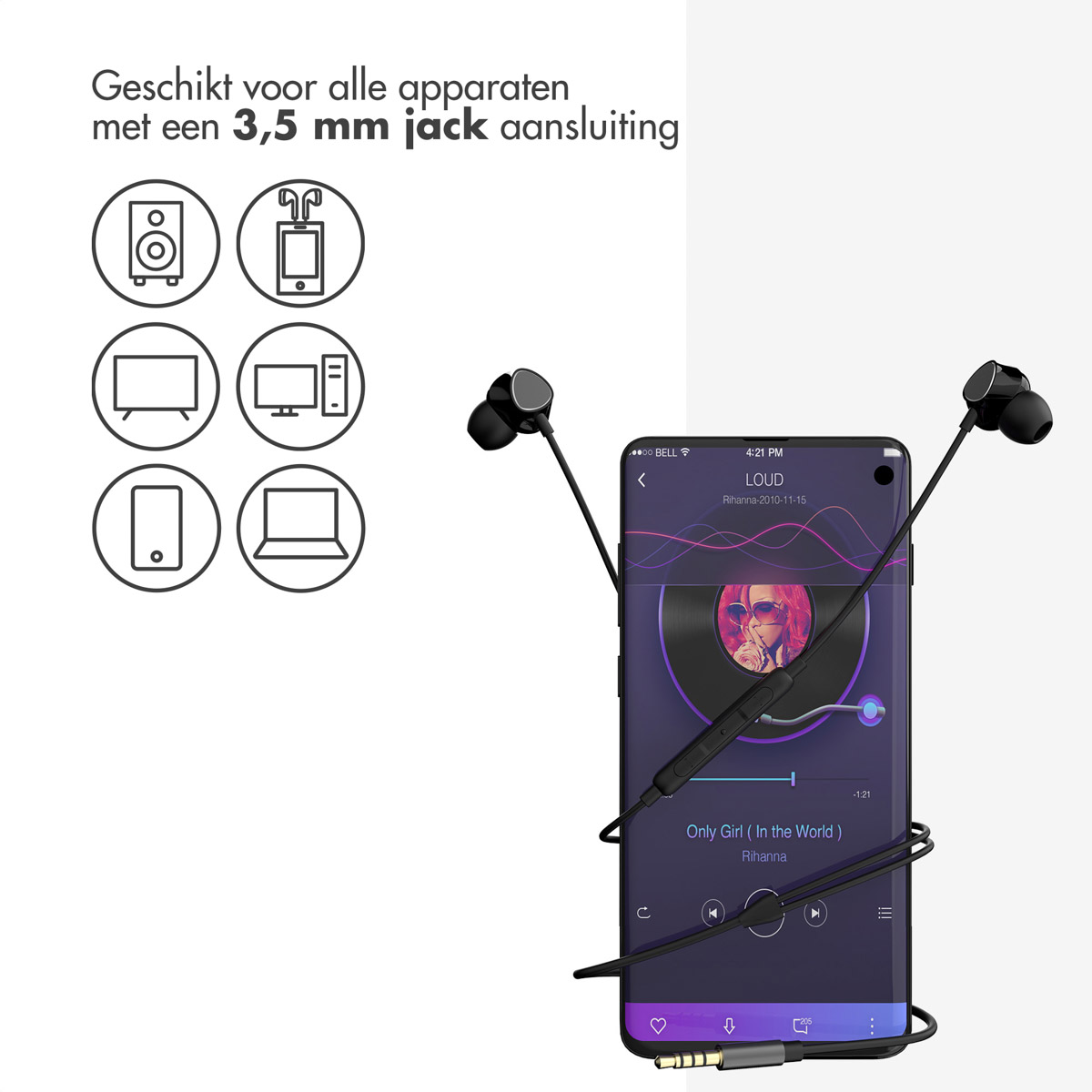 Earphones and phone. The phone shows a music app. Text says: Only Girl (In The World) - Rihanna.