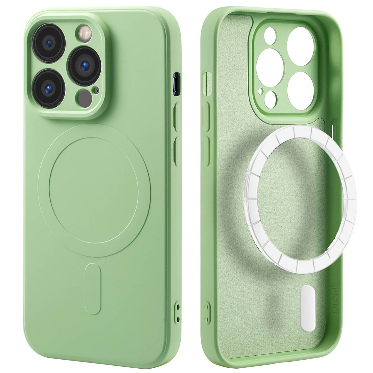 Een groene telefoonhoes met een cirkel op de achterkant. De achterkant van de hoes wordt ook getoond.