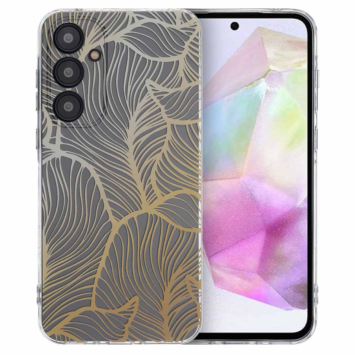 Une coque de téléphone avec un motif floral au dos. Elle a un cadre transparent et trois lentilles de caméra.