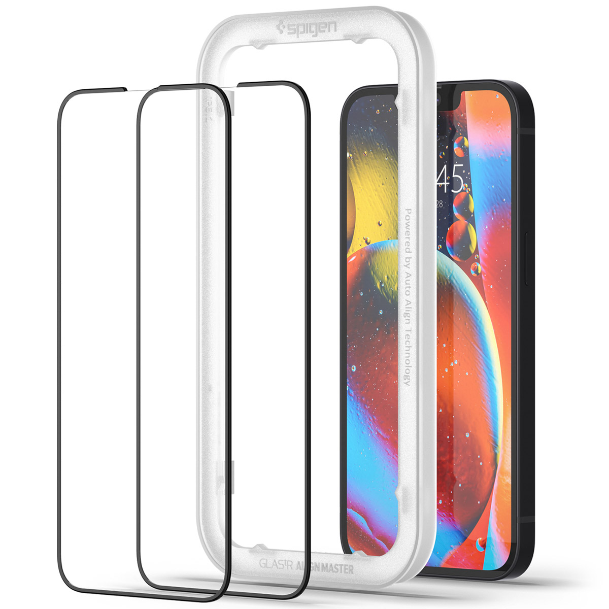 Un téléphone avec un protecteur d'écran et un cadre pour l'alignement. Le téléphone affiche un écran coloré.