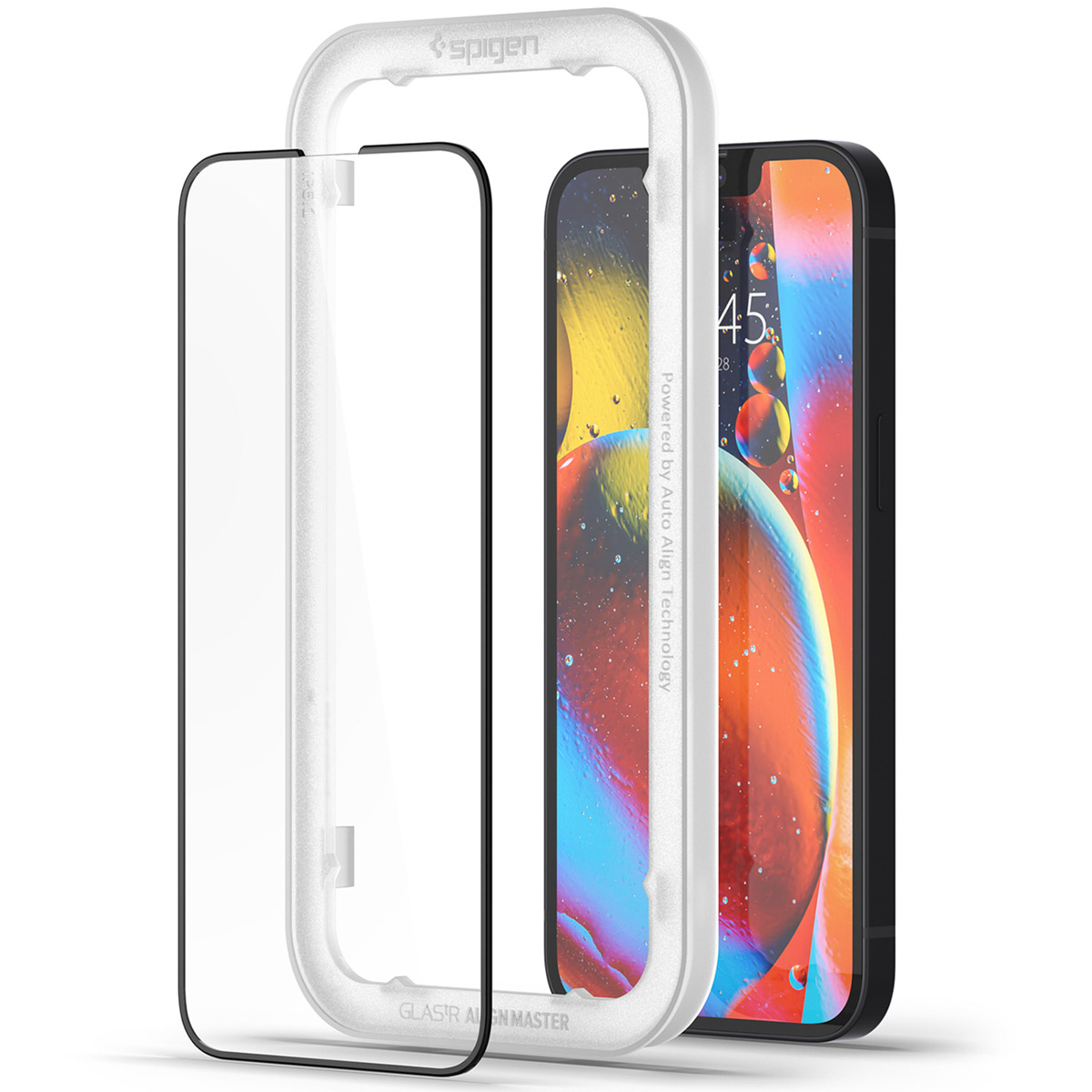 Un téléphone avec un protecteur d'écran et un protecteur de cadre. Le téléphone affiche un fond abstrait coloré.