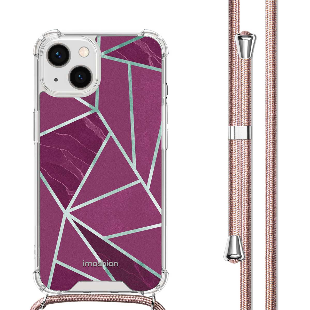 Telefoon met een paarse geometrische designhoes, met een bijpassend koord, op een witte achtergrond.