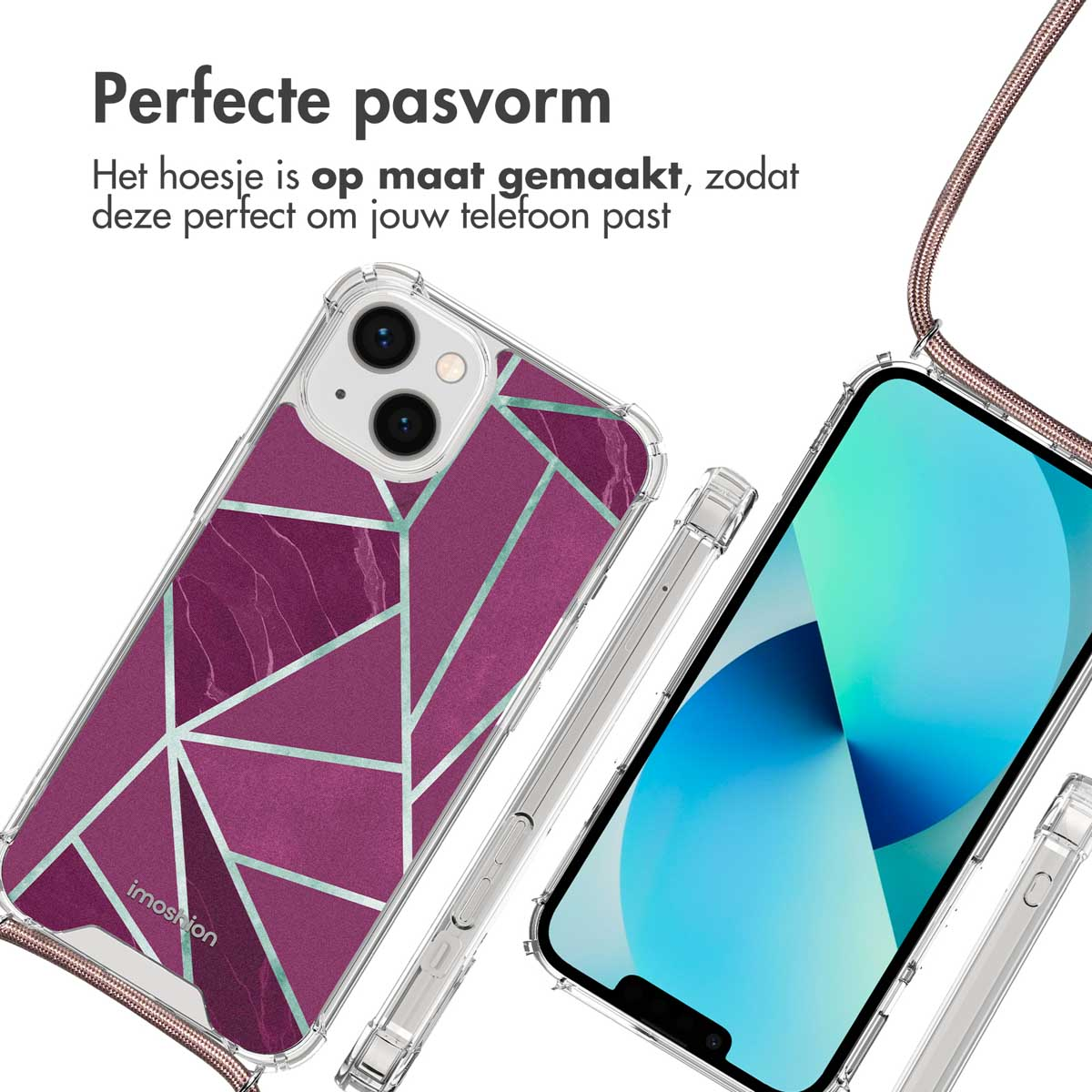 Telefoonhoesje met geometrisch patroon en een telefoon. Achtergrond toont een riem.