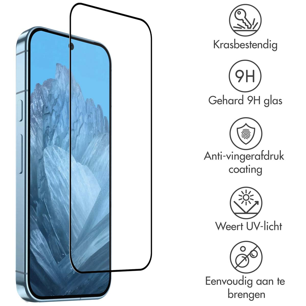 Phone and screen protector. Icons show features like scratch resistance, anti-fingerprint.