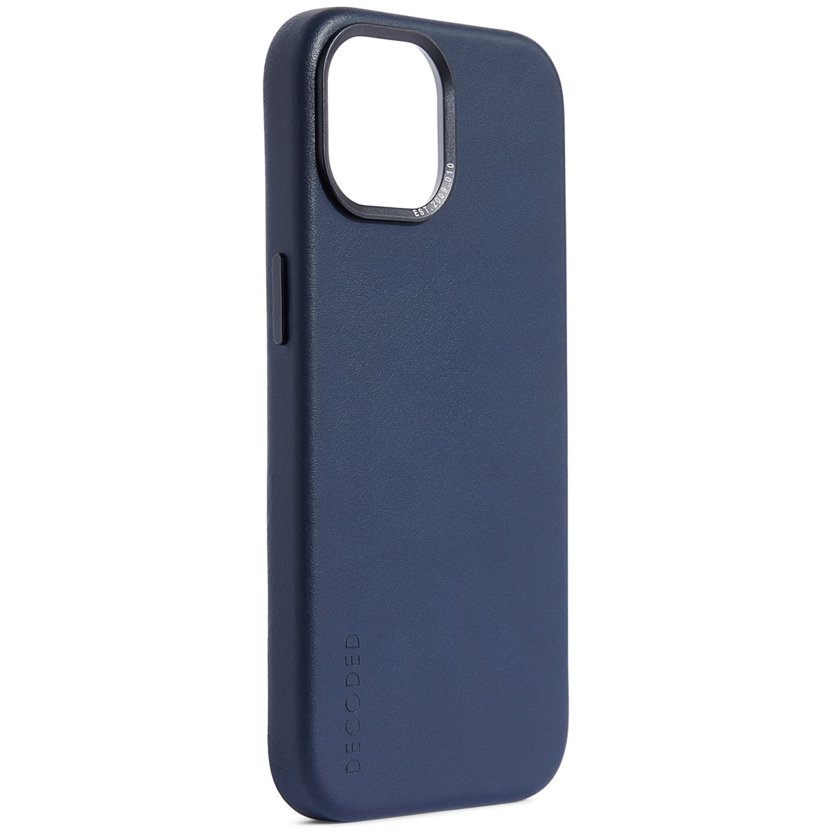 Een donkerblauwe telefoonhoes met een gladde textuur en afgeronde hoeken.