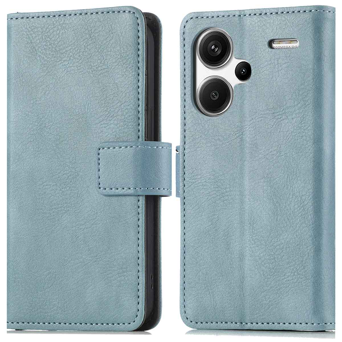 Blauw leren telefoonhoesje met een magnetische sluiting. Telefoon met meerdere camera's zichtbaar rechts.