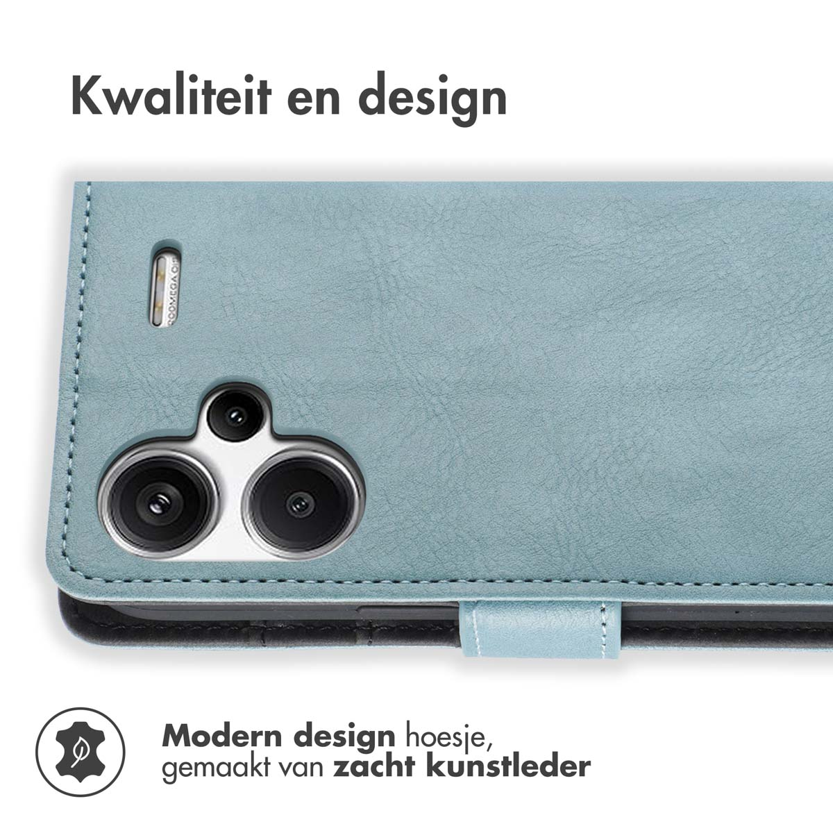 Een blauwe telefoonhoes met een textuur. De telefoonhoes wordt weergegeven met een uitsparing voor de camera.