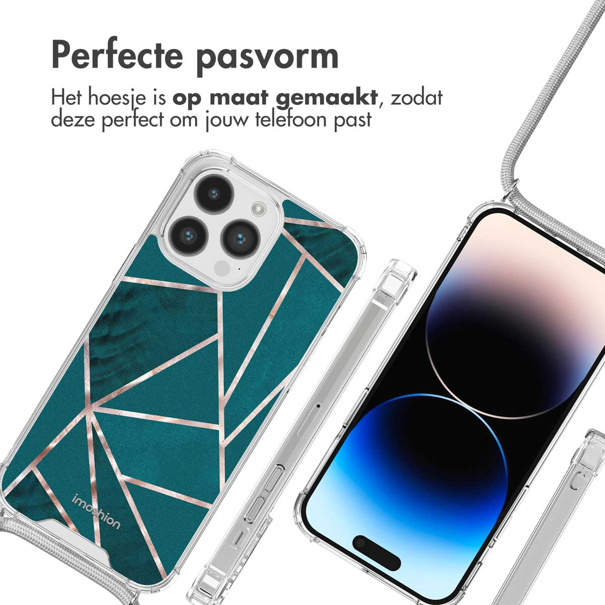 Een telefoon in een hoesje met een geometrisch patroon en een hoesje ernaast, met een riem.