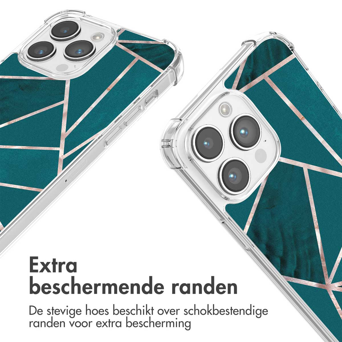 Er worden twee telefoonhoesjes getoond. Ze hebben een teal en goud geometrisch ontwerp.