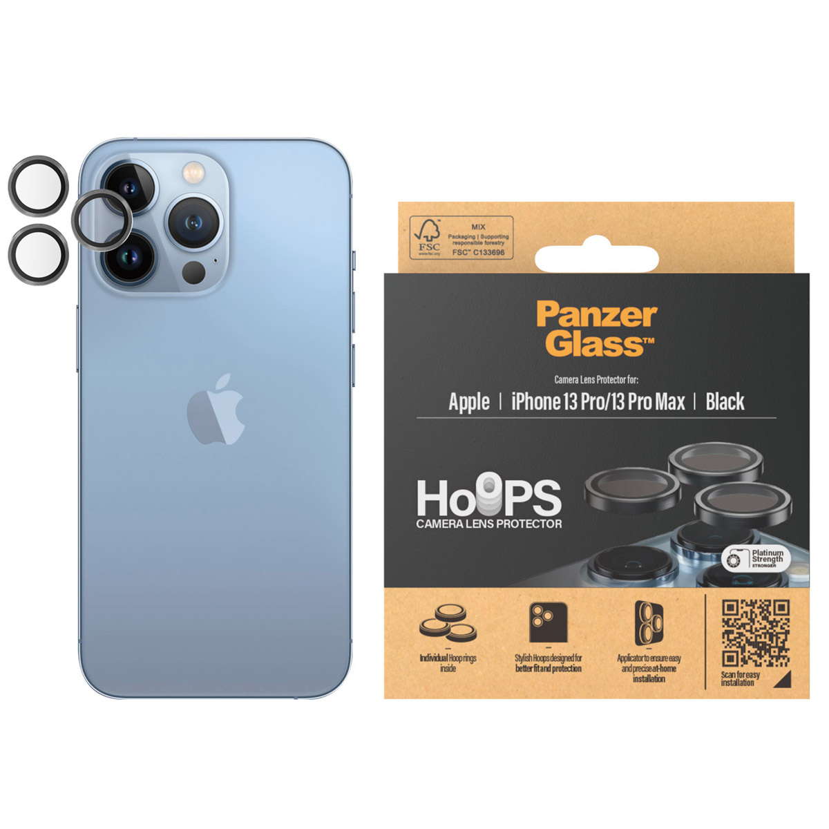 Un iPhone 13 Pro bleu avec des protecteurs d'objectif de caméra et un emballage à droite.