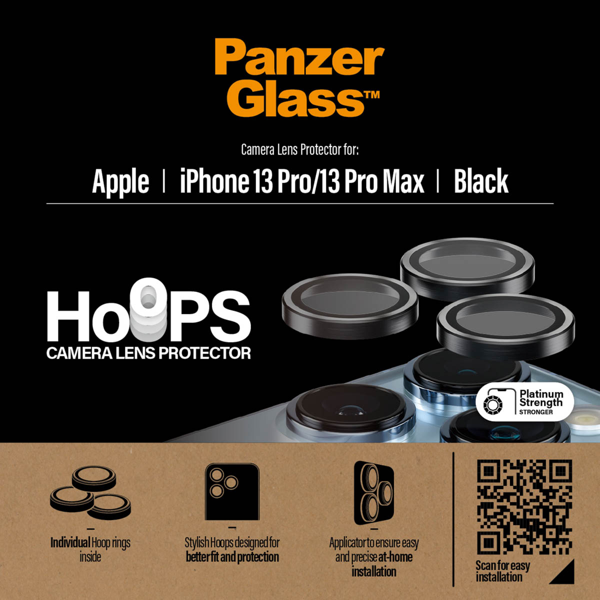 Protecteur d'objectif d'appareil photo et emballage. Le texte indique : Apple | iPhone 13 Pro/13 Pro Max | Noir.
