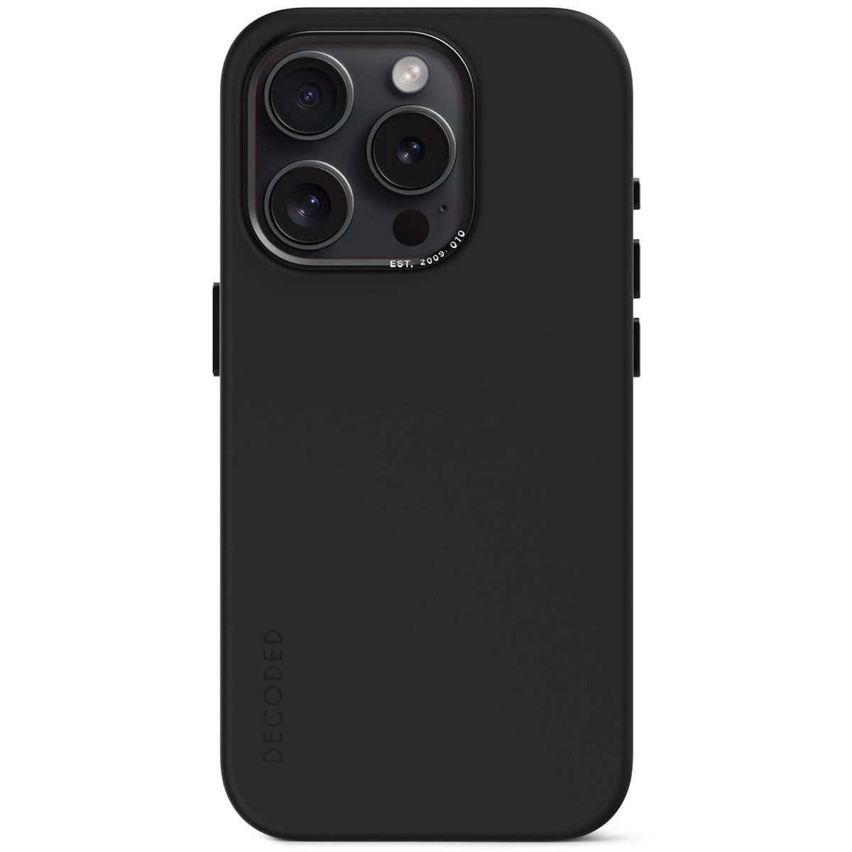 Schwarzes Telefon mit schwarzer Hülle. Es hat eine Dreifachkamera und das DECED-Logo unten.
