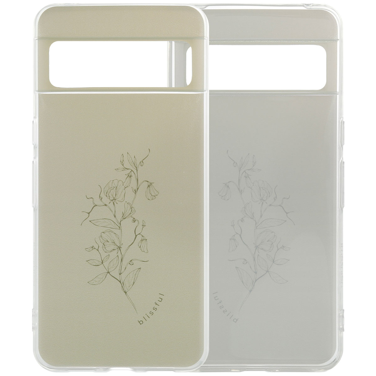 Twee telefoonhoesjes, één beige, één transparant, elk met een bloemenontwerp, met het woord 'blissful'.