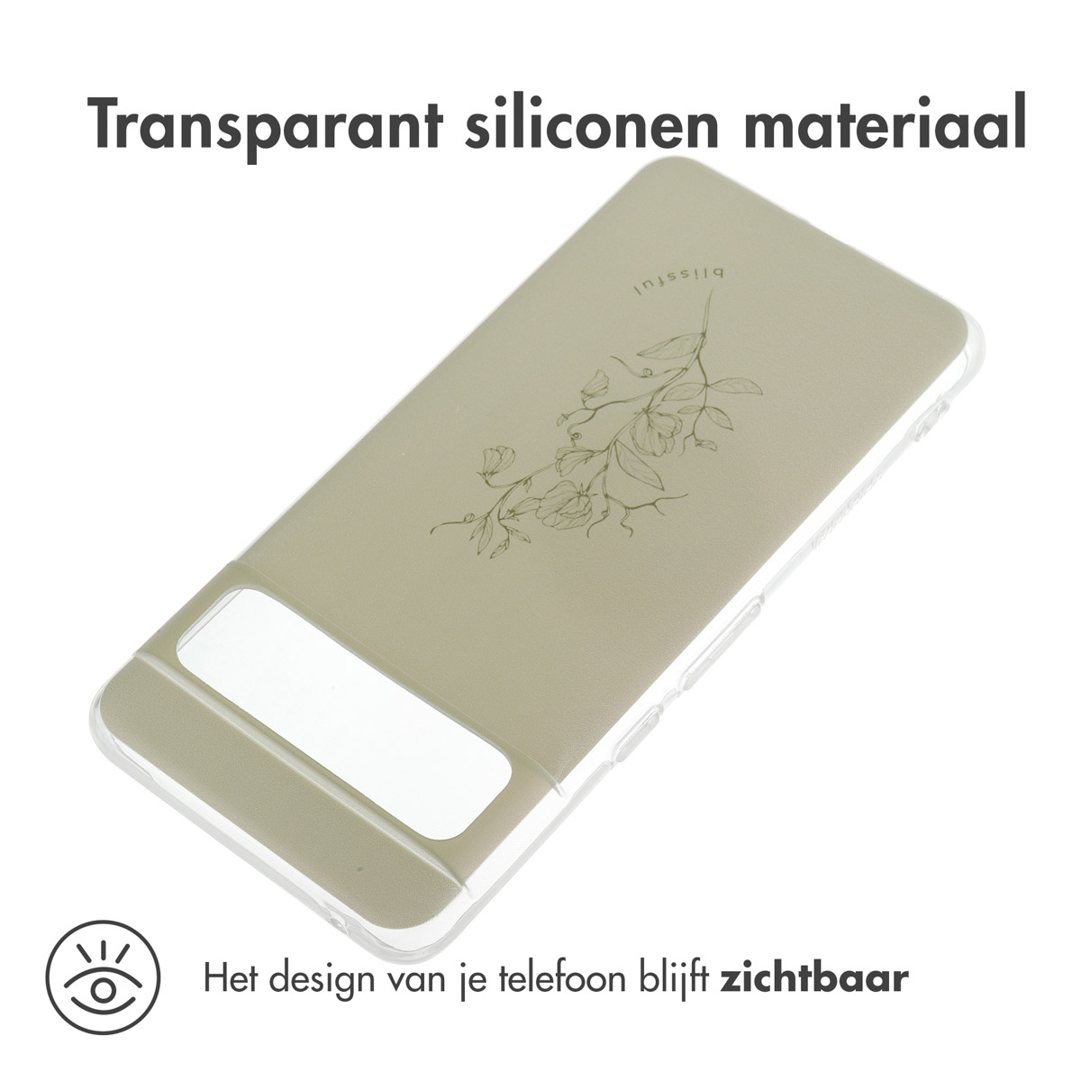 Transparante telefoonhoes. Telefoon is zichtbaar. Bloemenontwerp op de achterkant. Witte achtergrond.