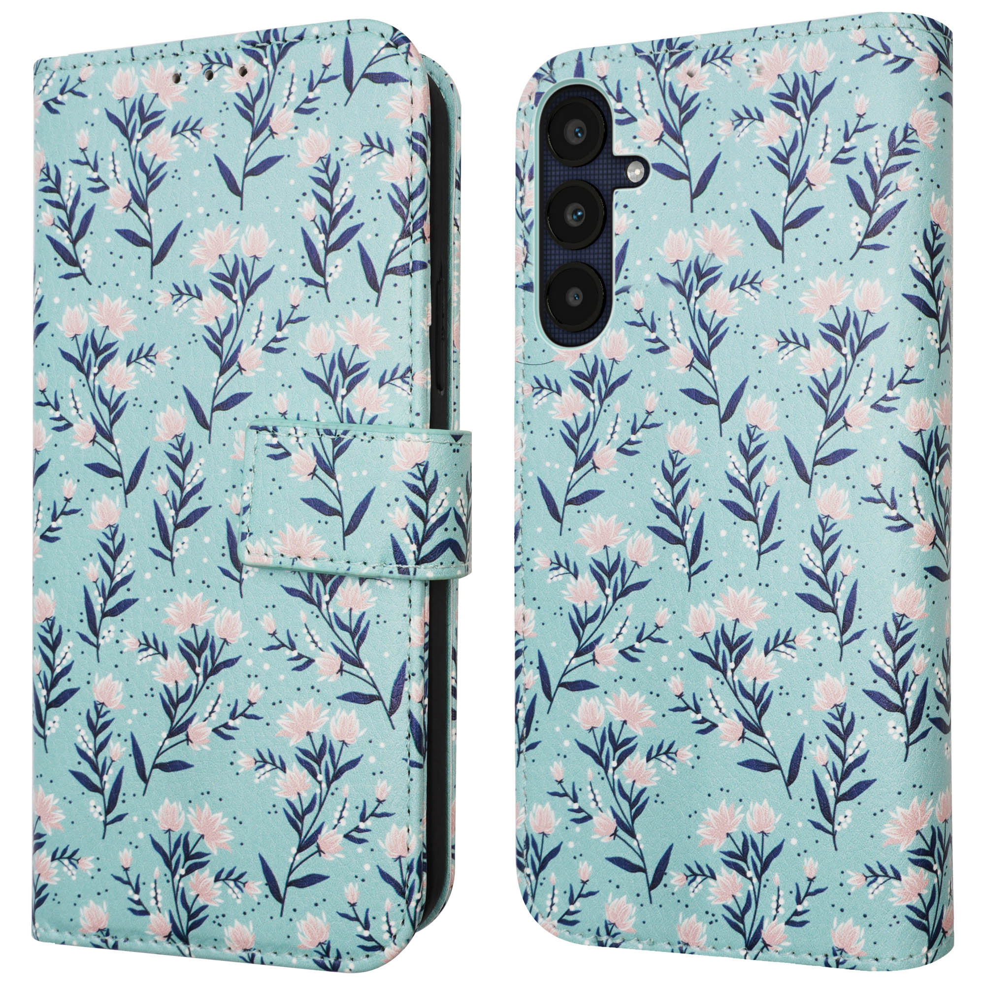 Telefoonhoesje met bloemenmotief. De telefoon staat rechts in de afbeelding. Mintgroene achtergrond.