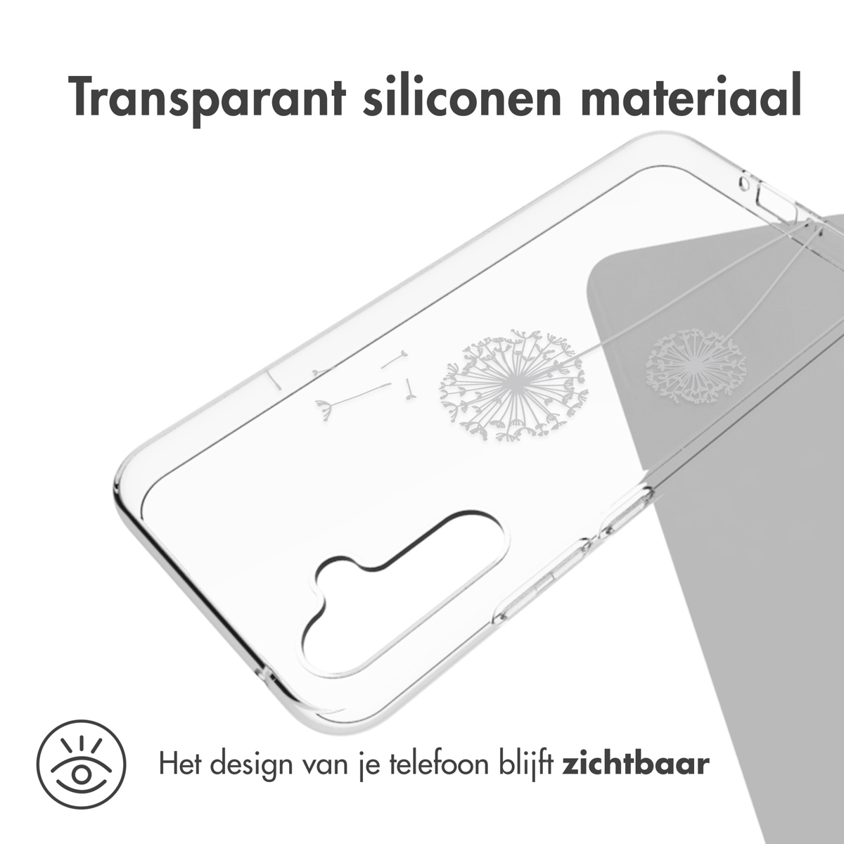 Een transparante telefoonhoes met een paardenbloemontwerp. De telefoonhoes staat op een grijze achtergrond.
