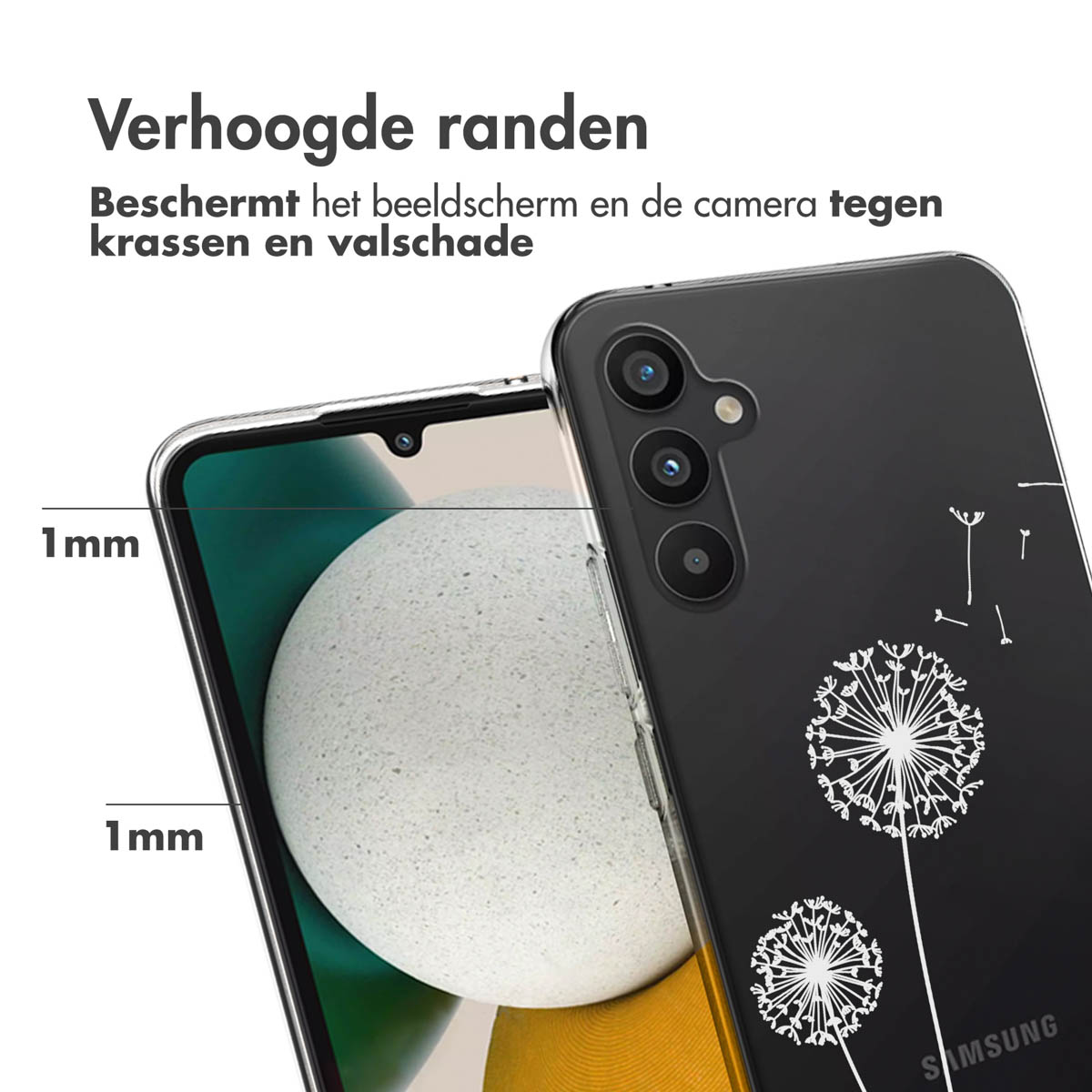 Close-up van een telefoonhoesje op een zwarte telefoon, met een paardenbloemontwerp, met verhoogde randen en afmetingen.