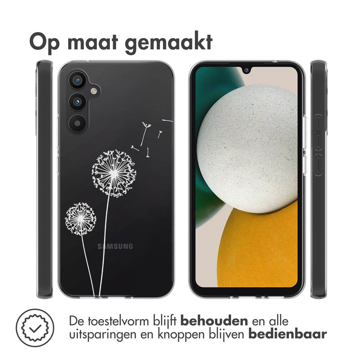 Een telefoon met een hoesje met een paardenbloemontwerp. De telefoon wordt vanuit meerdere hoeken getoond.