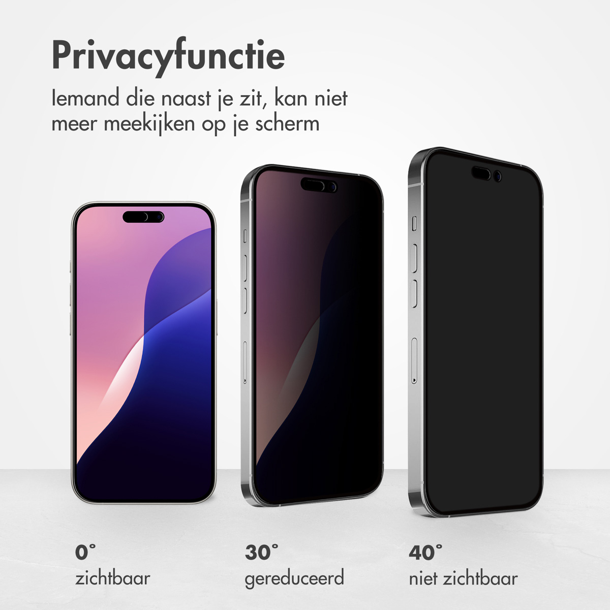 Trois téléphones montrant l'effet d'écran de confidentialité : visible, réduit et non visible, sur blanc.