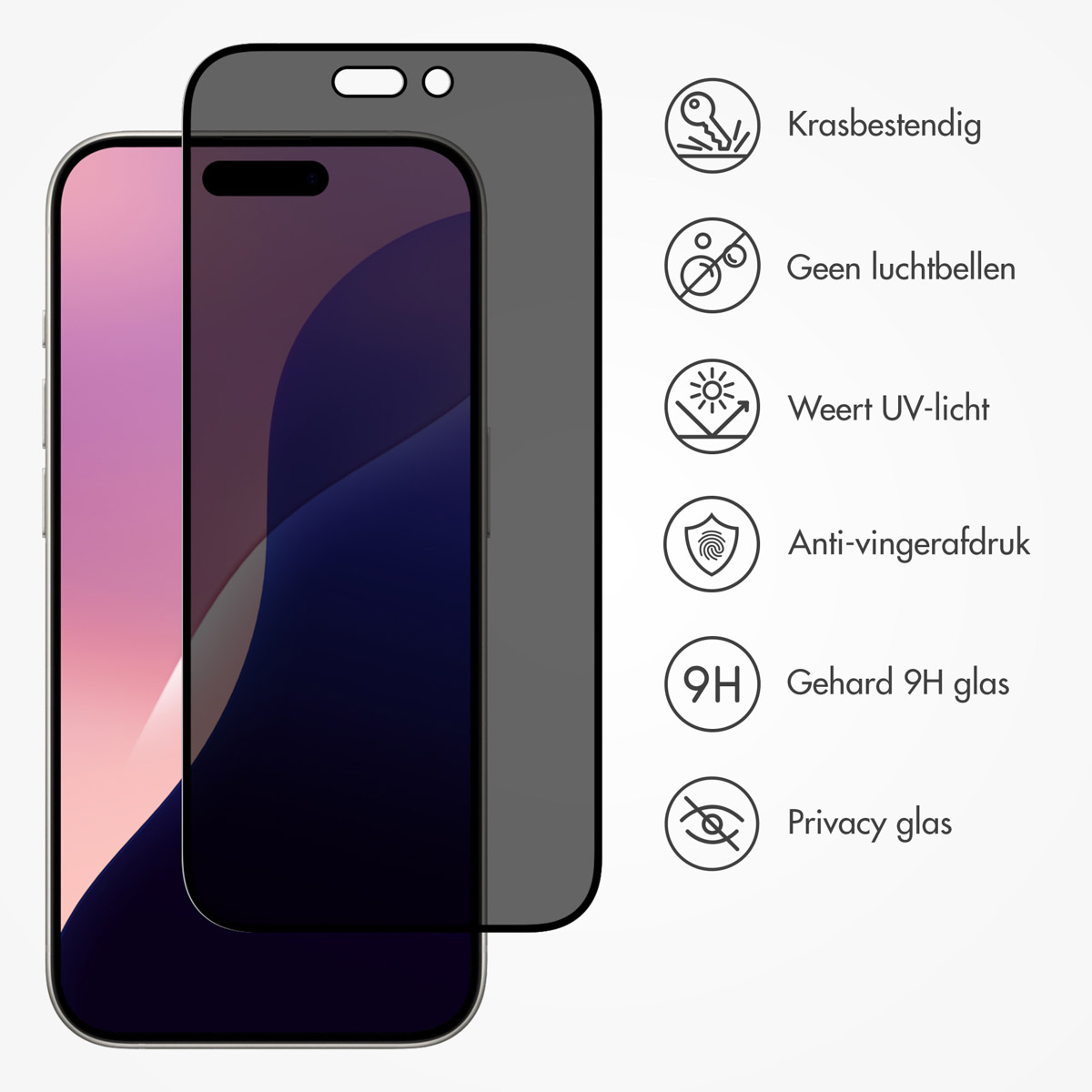 Téléphone avec protecteur d'écran et icônes : résistant aux rayures, sans bulles, lumière UV, anti-traces.