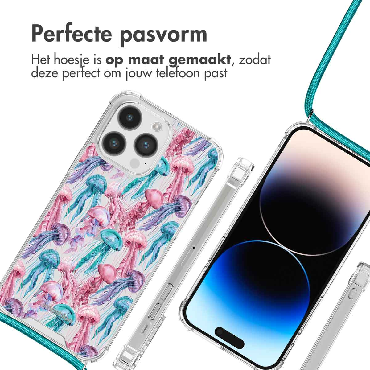 Transparante telefoonhoes met kwallenontwerp, telefoon met riem, perfecte pasvorm.