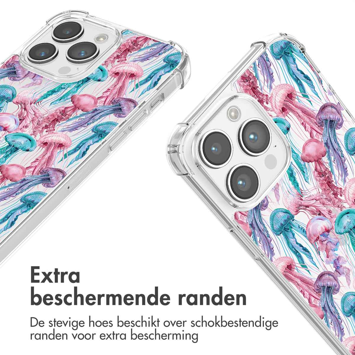 Twee telefoonhoesjes met een kwallenpatroon. De hoesjes zijn transparant en hebben beschermranden.