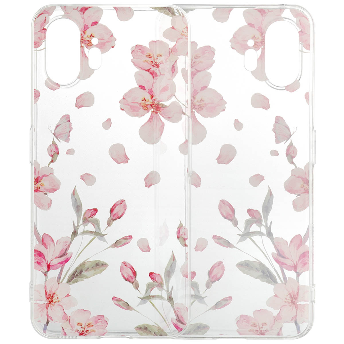 Een doorzichtig telefoonhoesje met een roze bloemenontwerp. De roze bloemen en groene bladeren staan op de transparante achtergrond van de hoes.