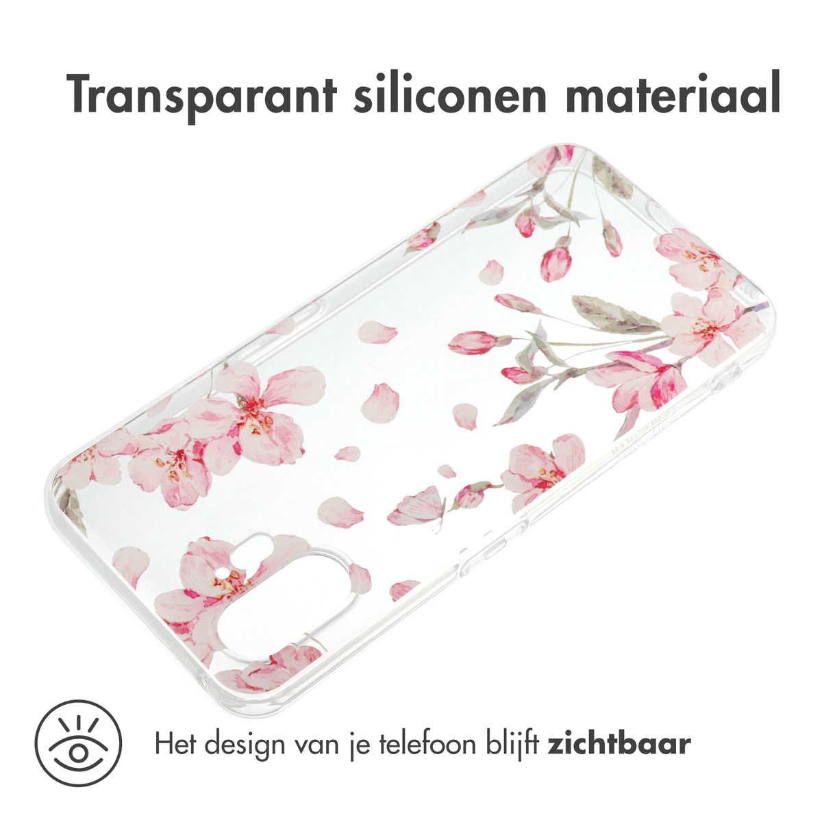 Transparante telefoonhoes met roze bloemenontwerp, tekst: 'Het design van je telefoon blijft zichtbaar'.
