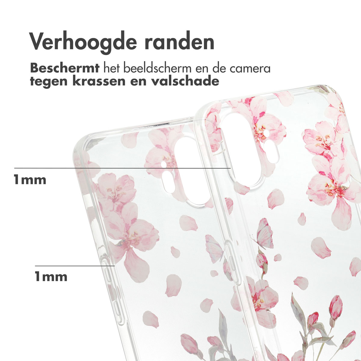 Er worden twee telefoonhoesjes met bloemmotieven getoond. De hoesjes zijn transparant met 1 mm verhoogde randen.