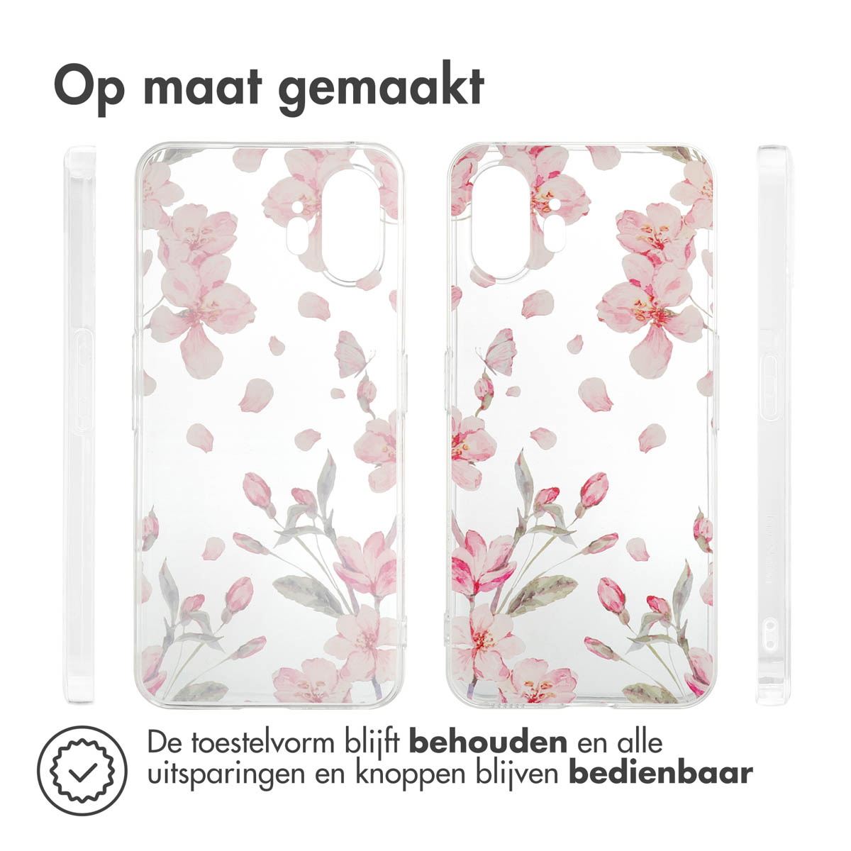 Transparant telefoonhoesje met een bloemenpatroon. Het hoesje ligt op een wit oppervlak.
