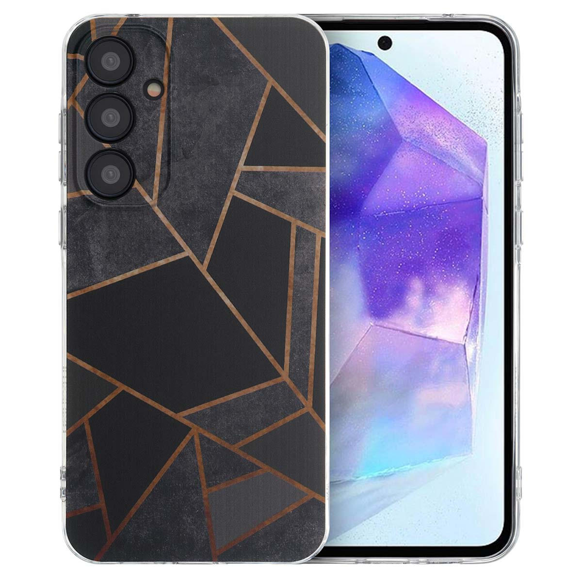 Zwarte telefoonhoes met geometrisch patroon. Gouden lijnen en zwart-grijze achtergrond.
