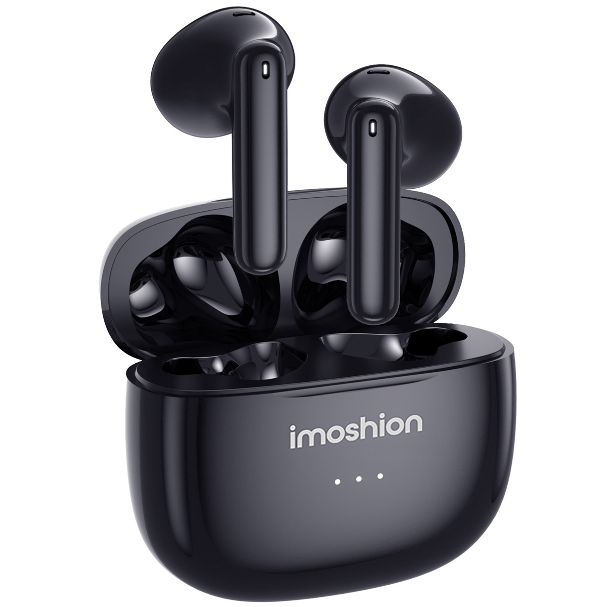 Black wireless earbuds with charging case, open and on a white background.