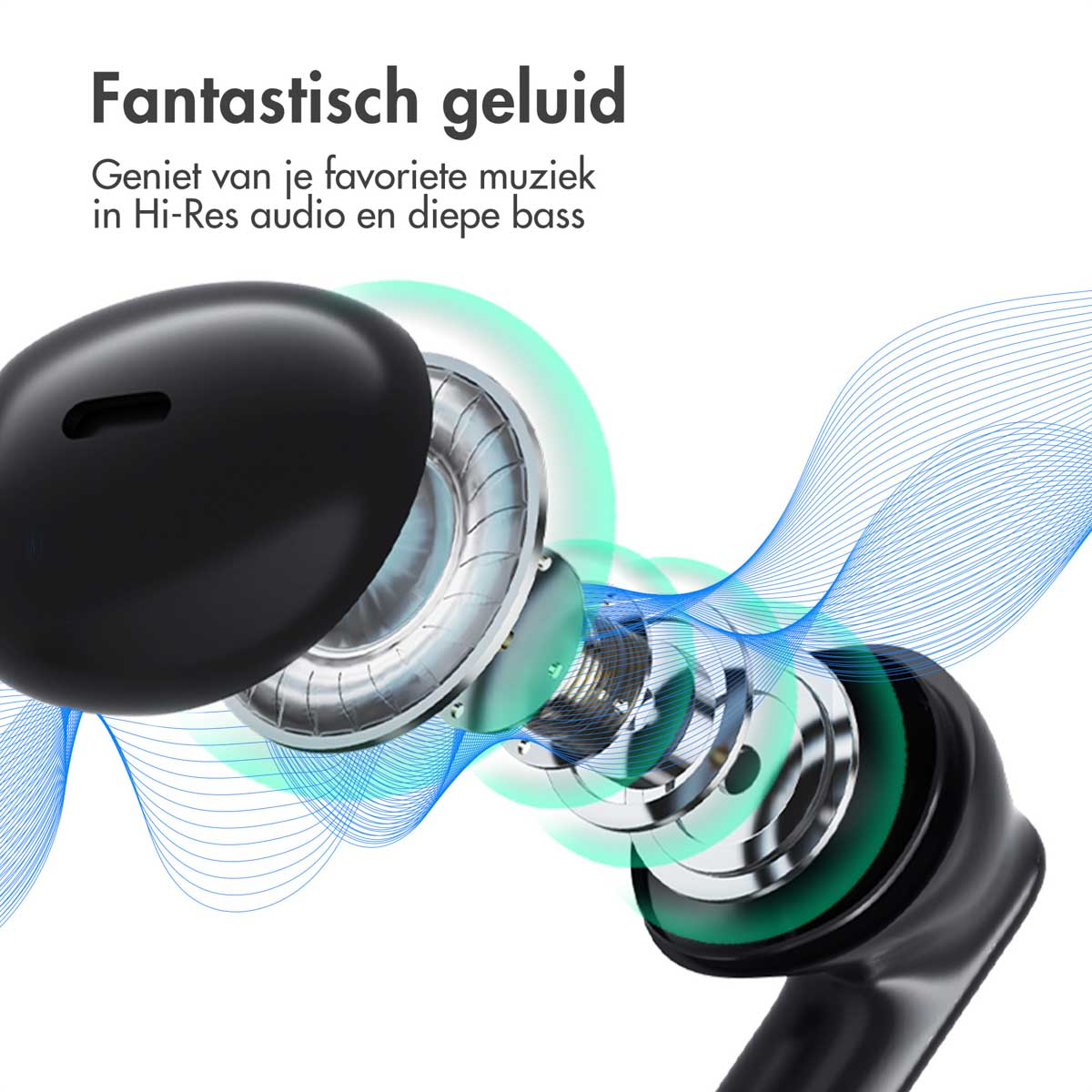 Black wireless earbuds with green detailing. Blue sound waves are emanating from the earbuds.
