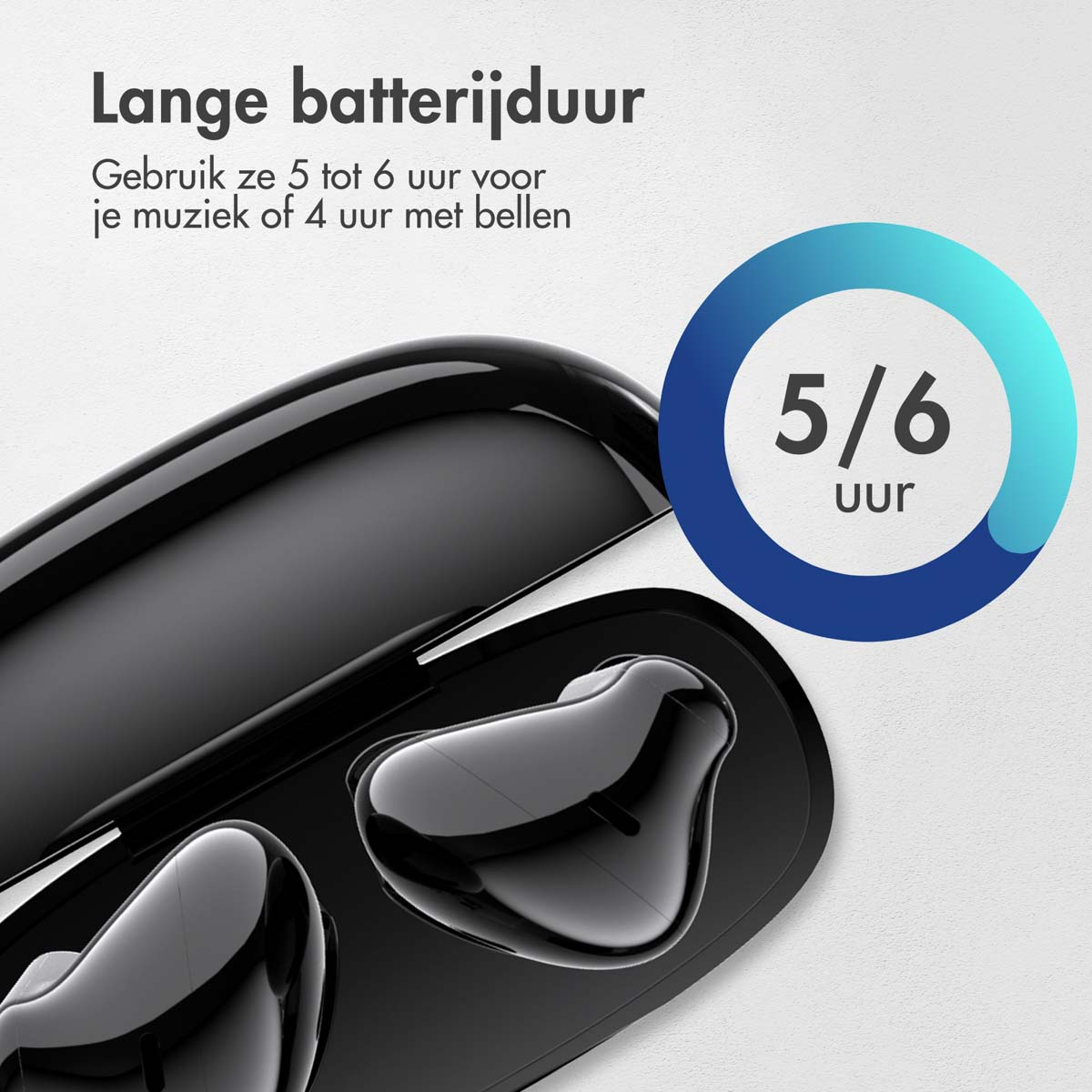 Black earbuds in an open case, with a blue circle showing 5/6 hours battery life.