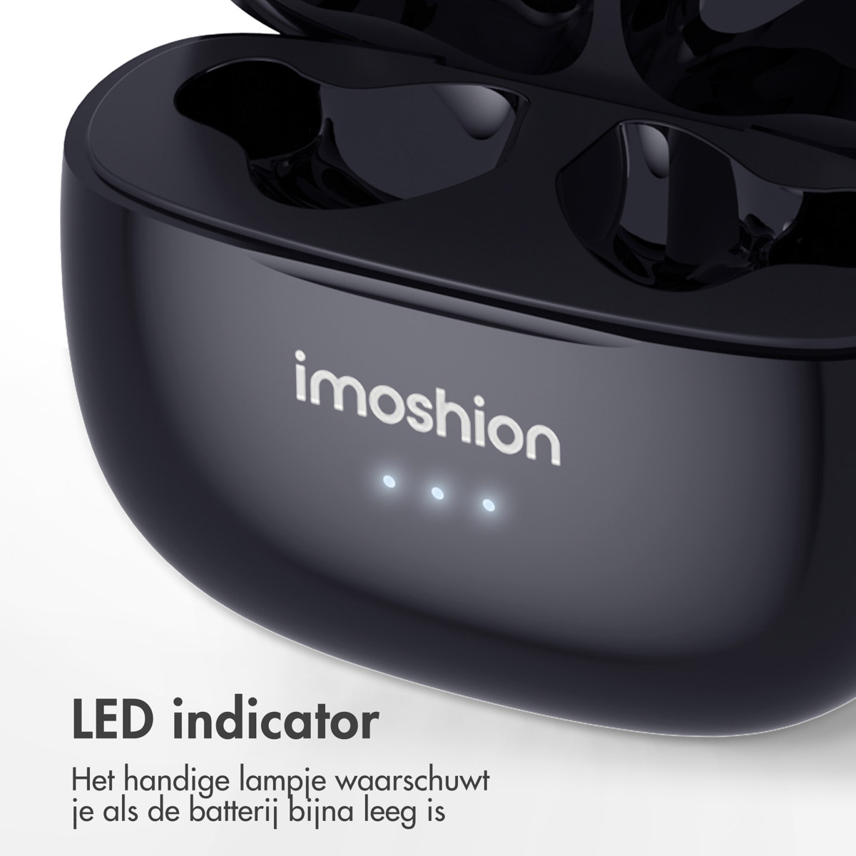 Black Imoshion earbuds case. LED indicator lights. Text: LED indicator.