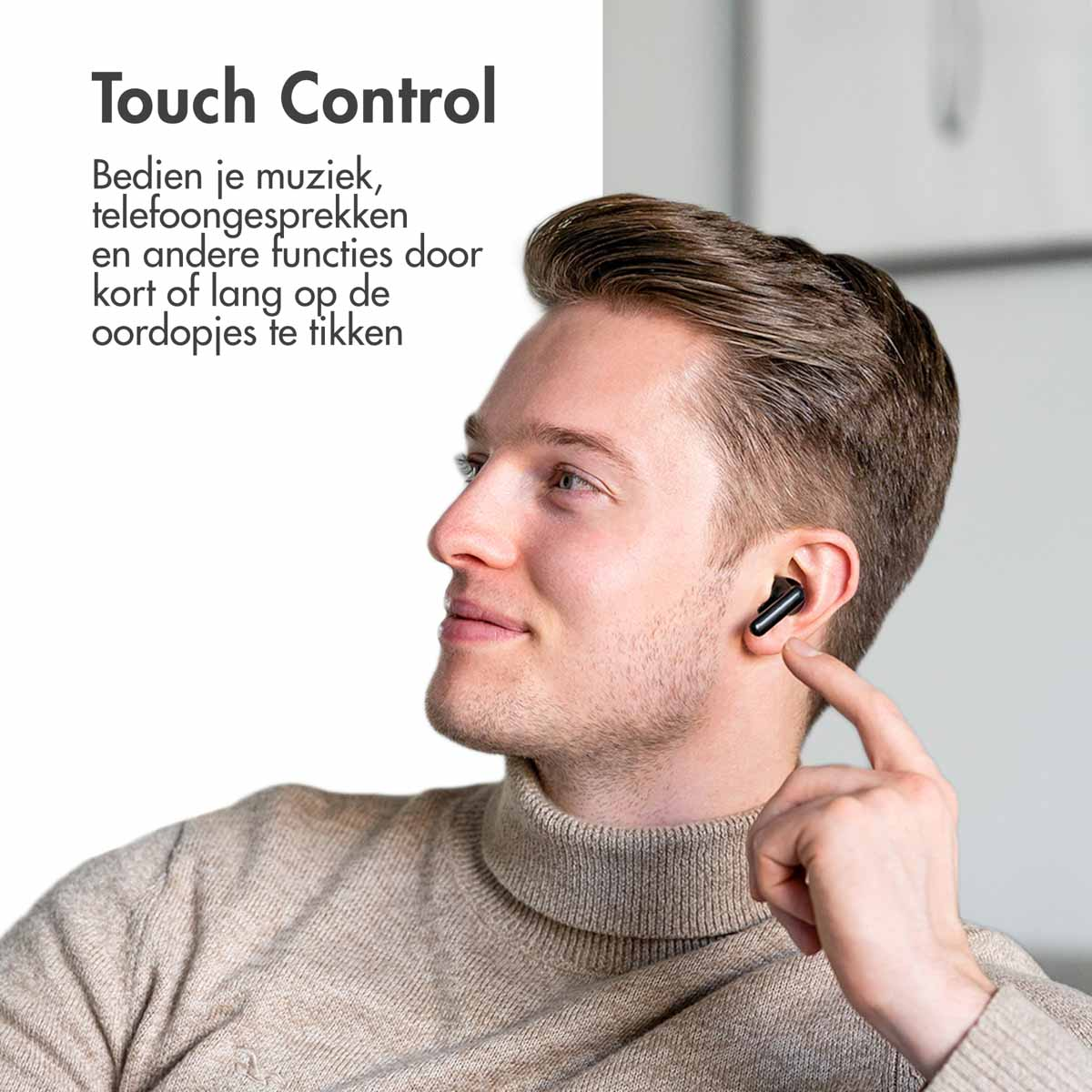 Man with earbuds in his ear, pointing at the earbud. Text mentions touch control.