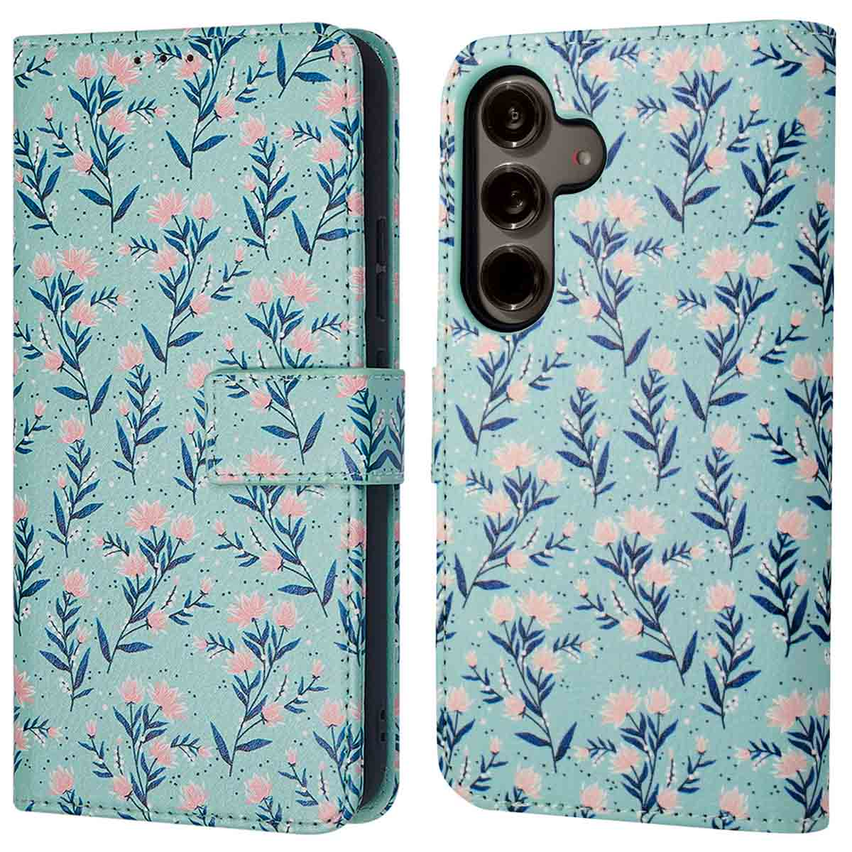 Une coque de téléphone avec un motif floral. L'étui est ouvert, montrant le téléphone.