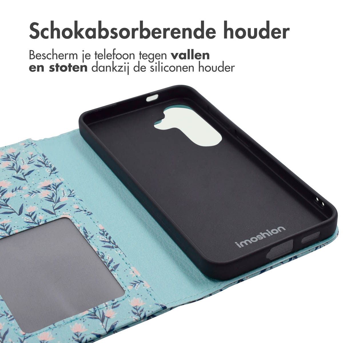 Coque de téléphone avec un design ouvert. Il y a un téléphone noir à l'intérieur. La coque est bleue avec un motif floral.