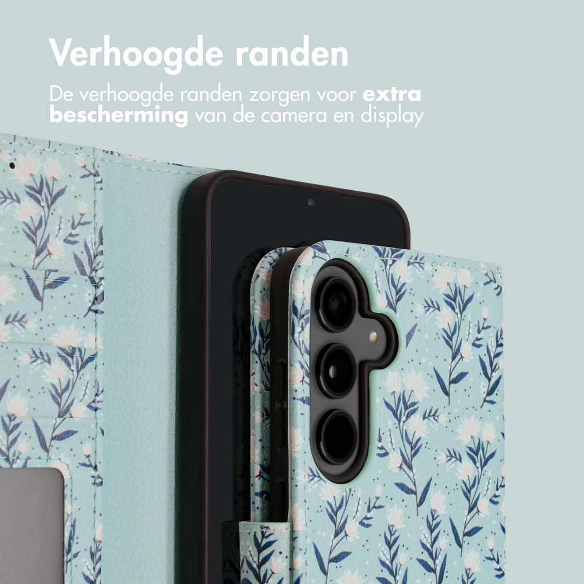 Coque de téléphone avec un motif floral et un téléphone. La coque est ouverte, montrant le téléphone à l'intérieur.