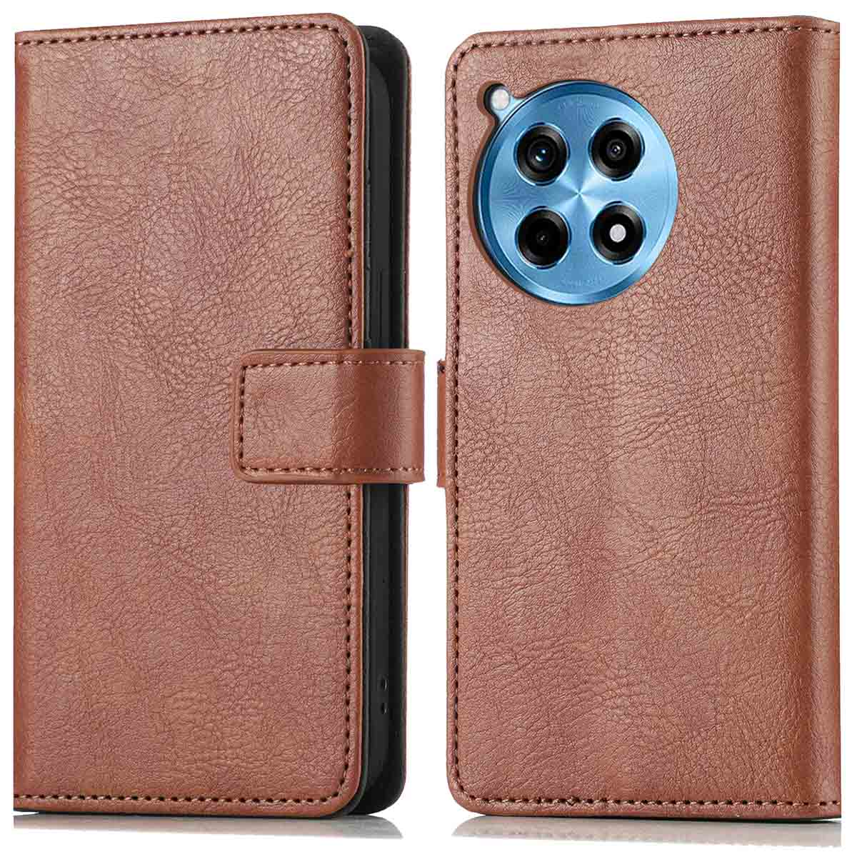 Bruine leren telefoonhoes open, met telefoon en kaartsleuven. De hoes is gesloten met een magnetische sluiting.