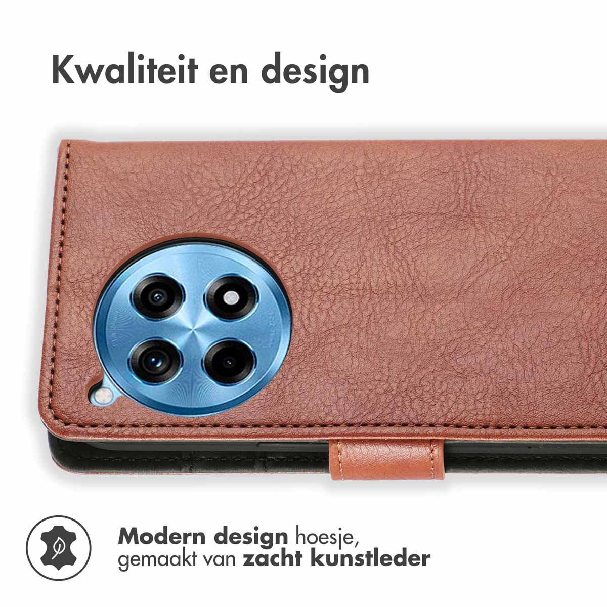 Bruin leren telefoonhoesje met een camera-uitsparing, op een wit oppervlak.