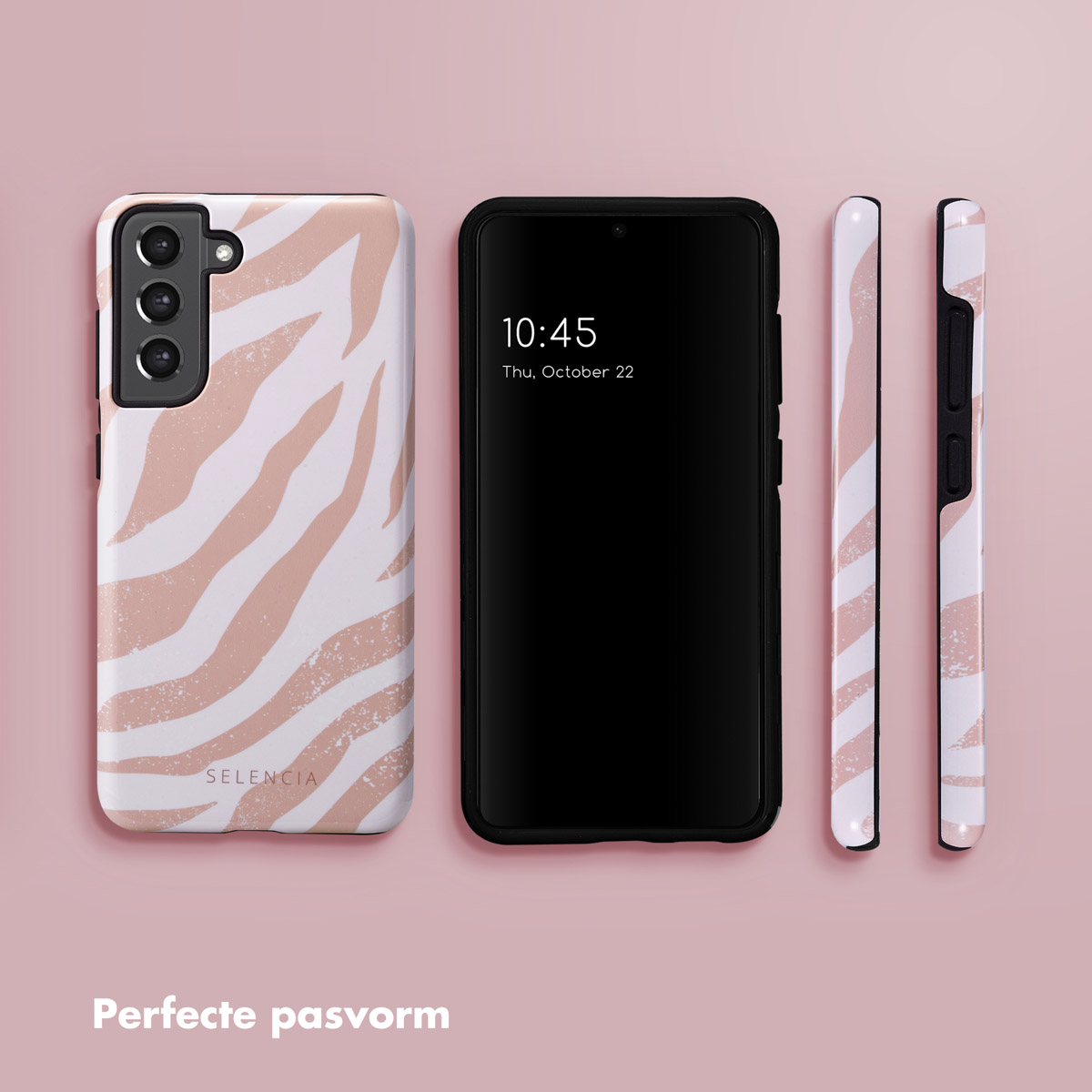 Téléphone avec coque à imprimé zébré, écran de téléphone visible, et le mot : 'Ajustement parfait'.