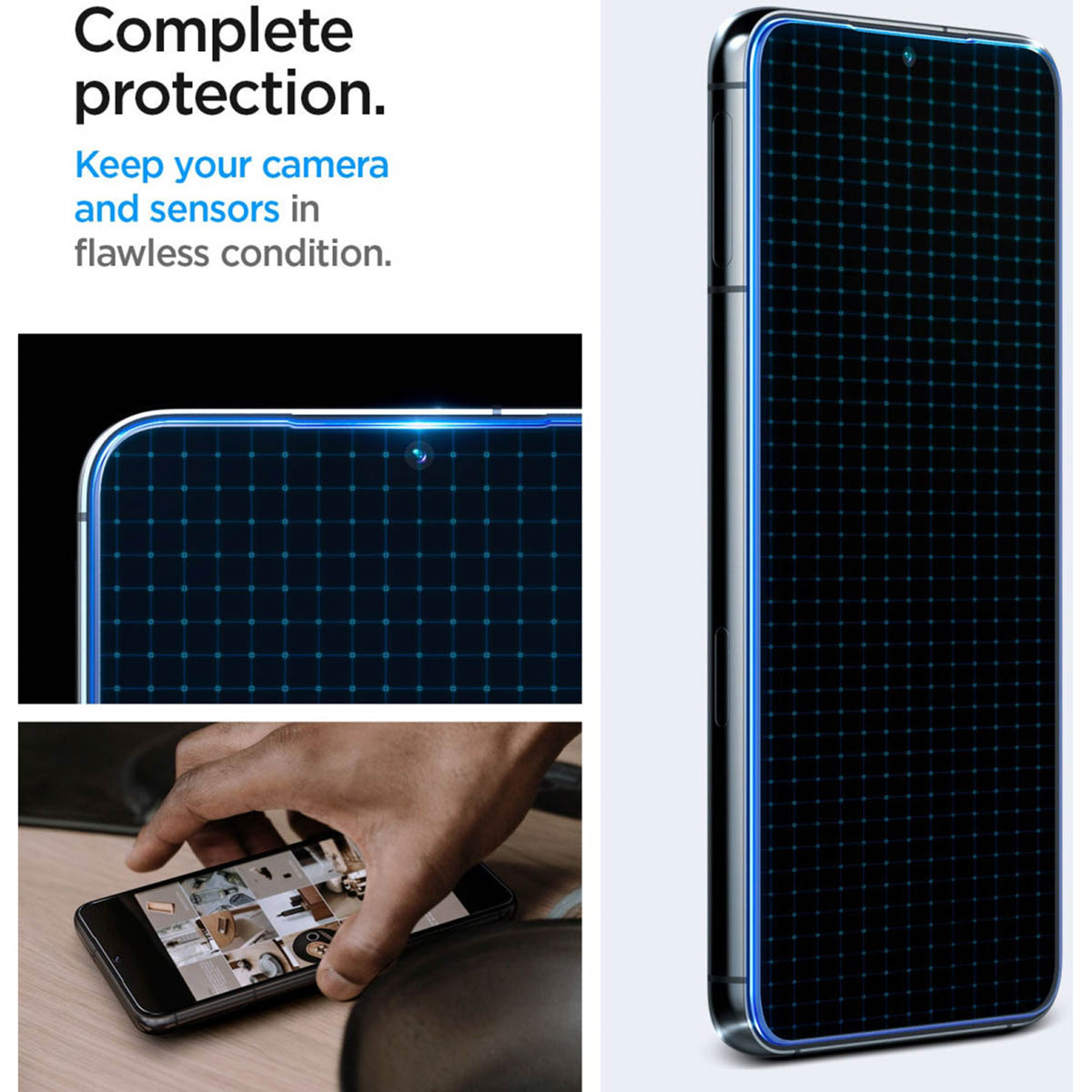 Telefon z folią ochronną na ekran. Ekran jest ciemnoniebieski z wzorem kratki.