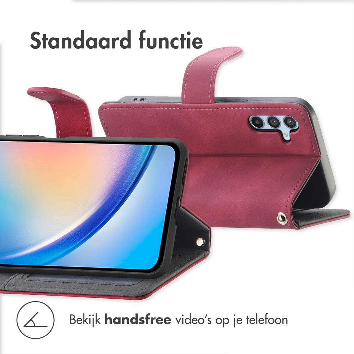 Étui de téléphone en cours d'utilisation. Téléphone dans l'étui avec fonction de support. L'étui est rouge.