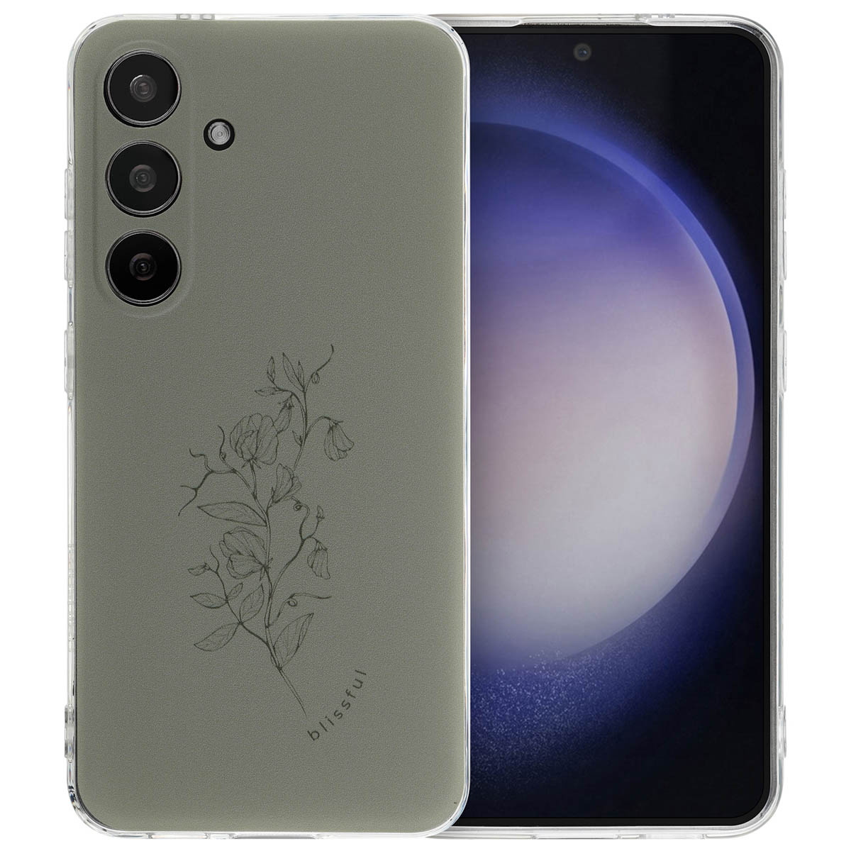 Groene telefoonhoes met bloemenontwerp. Zwarte telefoon rechts.