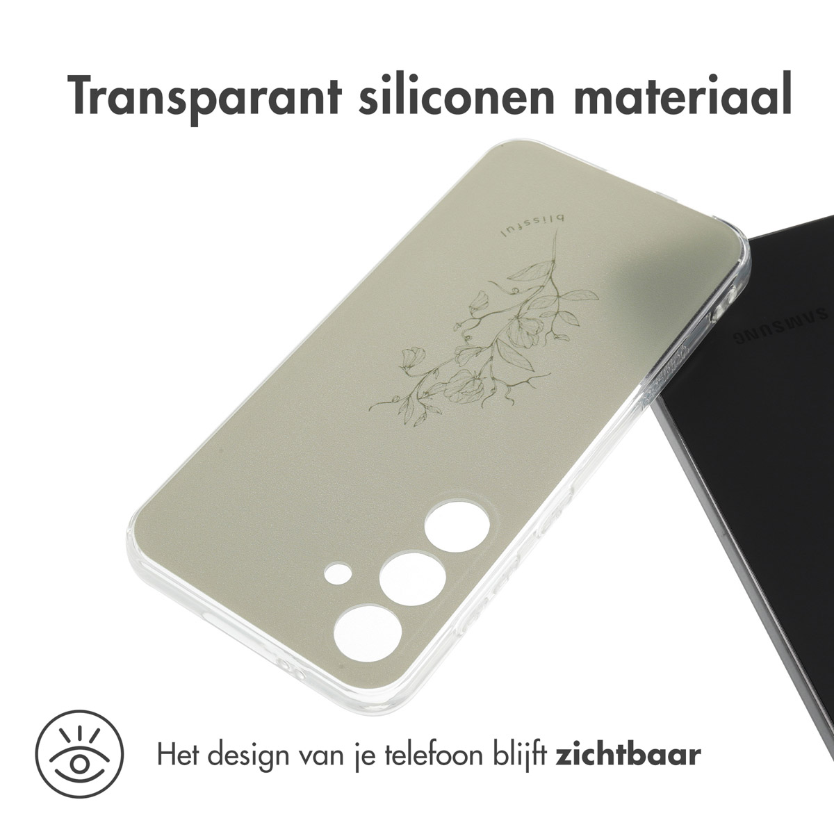 Transparante telefoonhoes met bloemenontwerp, telefoon zichtbaar, tekst: 'Het design van je telefoon blijft zichtbaar'.