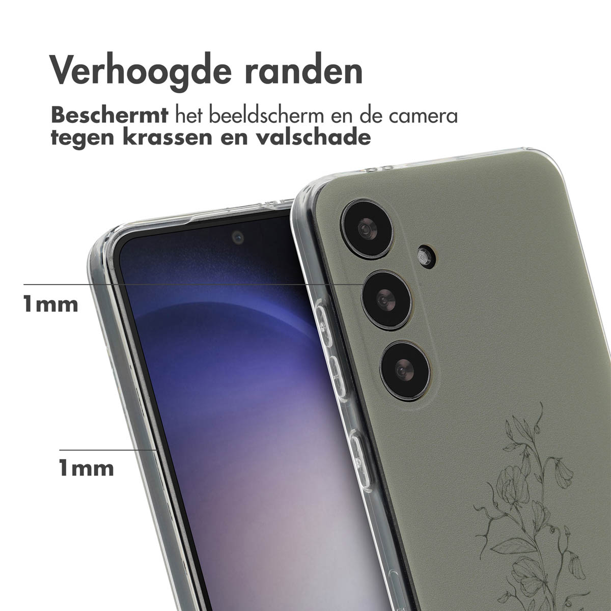 Telefoonhoesje met verhoogde randen, beschermt het scherm en de camera. 1mm markering op het scherm.