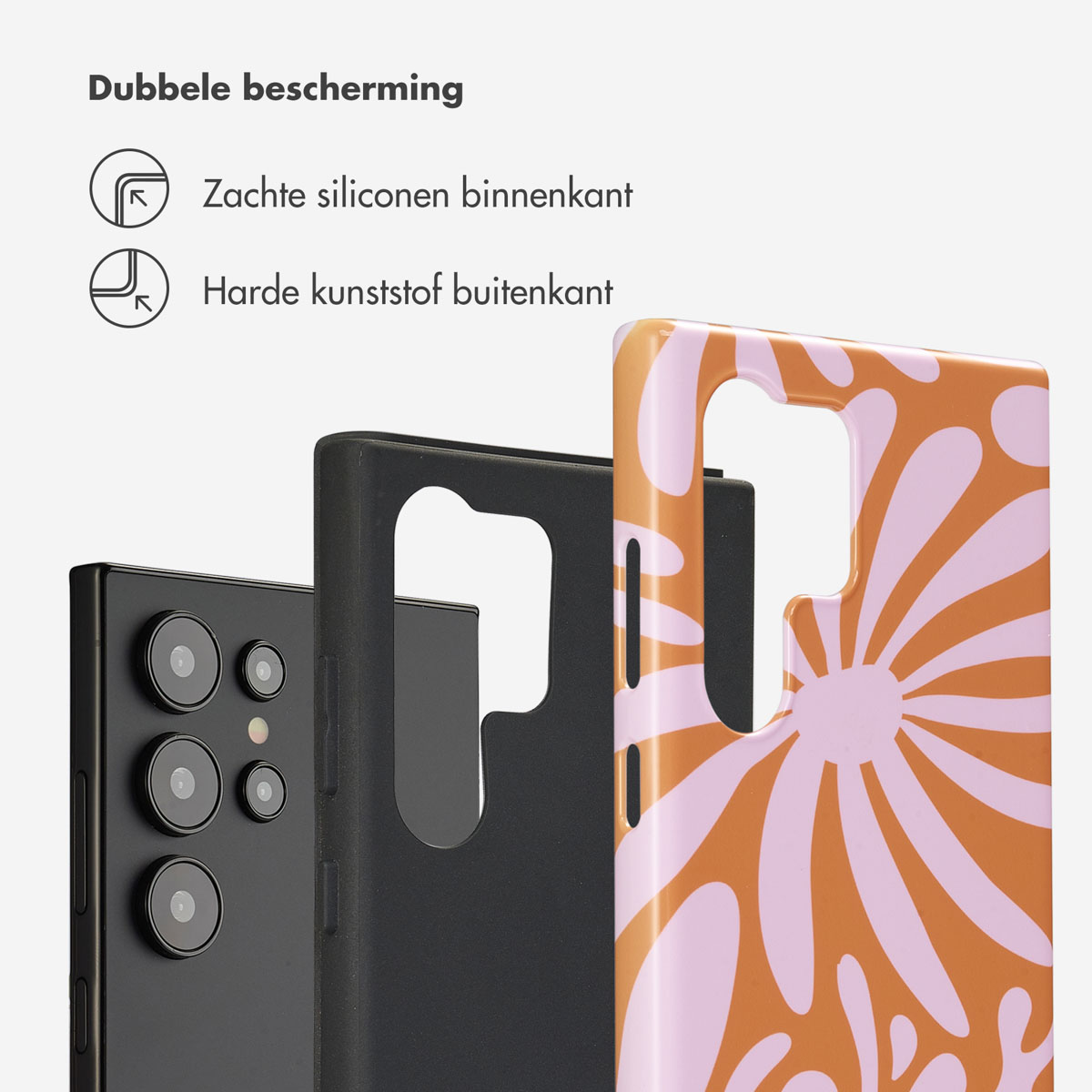 Telefoon met een hoesje, het hoesje is gemaakt van twee materialen, zachte siliconen binnenkant en hard plastic buitenkant.