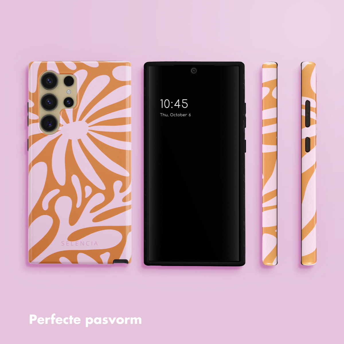 Drie telefoonhoesjes. Eentje met een telefoon die een klok toont. De hoesjes hebben een oranje en roze bloemenpatroon.