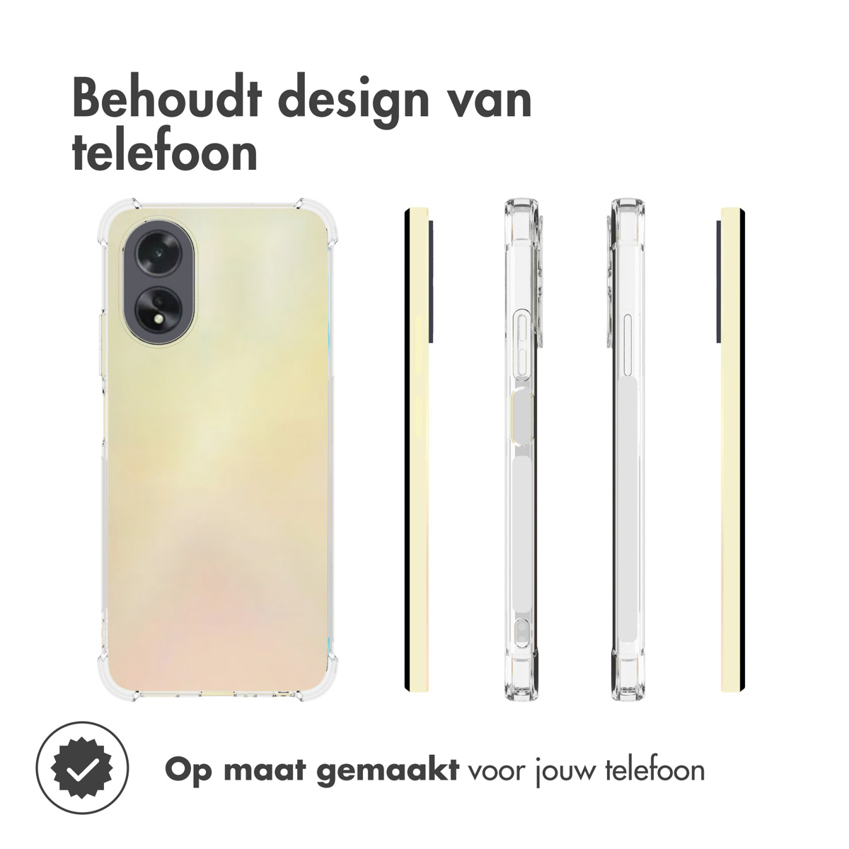 Transparant telefoonhoesje met een geel getint ontwerp. De telefoon staat rechts in de afbeelding.